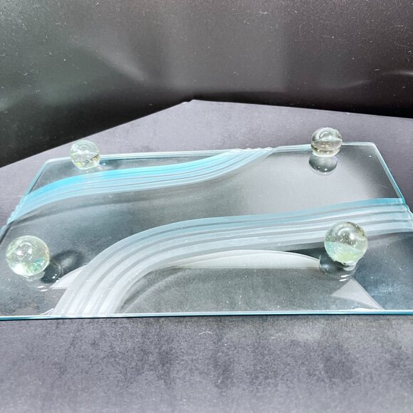 Vtg Unique Concave Art Glass Serving Decor Tray Cut Etched Wavy Lines Ball Feet - Picture 7 of 8